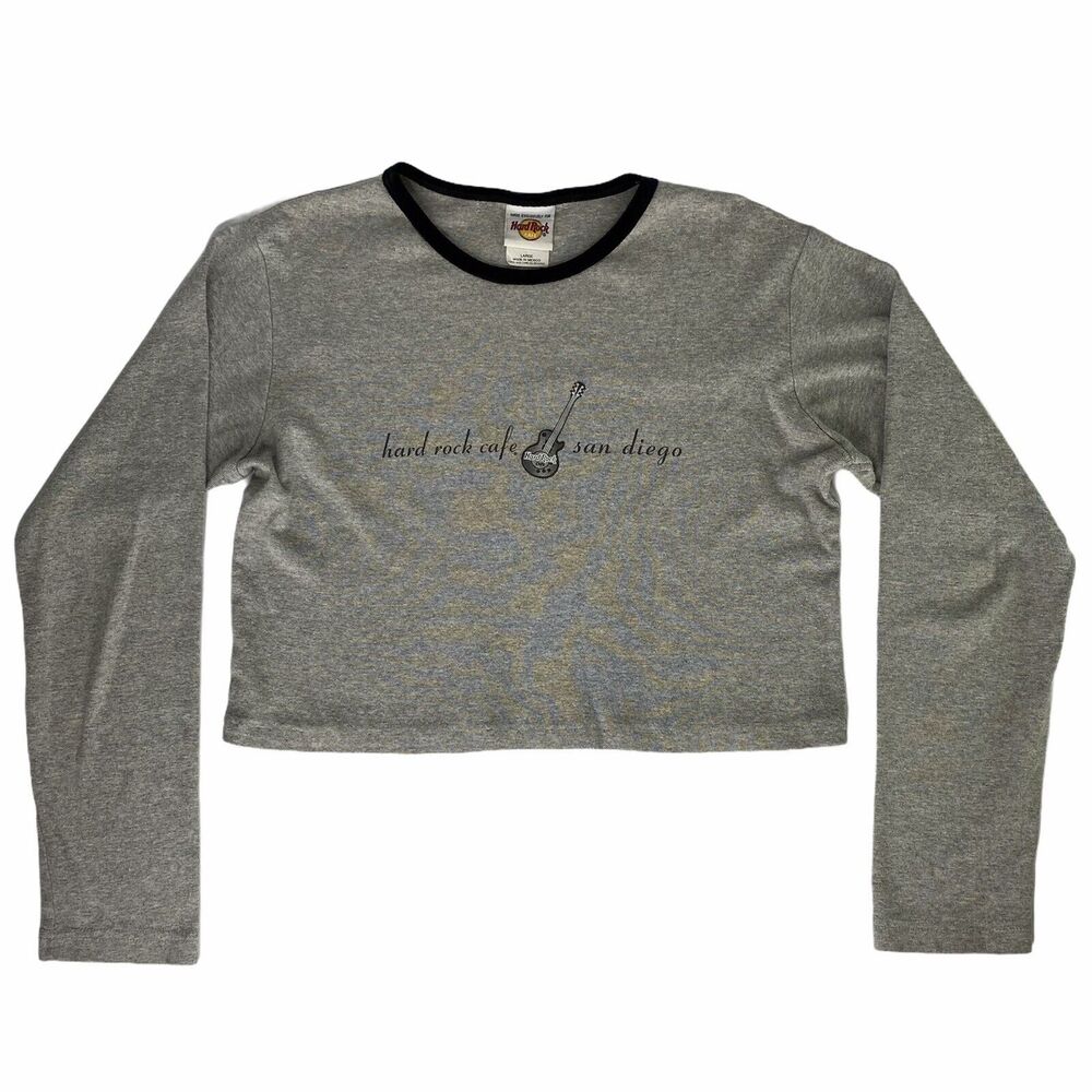 Hard Rock Cafe Crop Shirt Womens Sz L San Diego Long Sleeve Gray Guitar Velvet